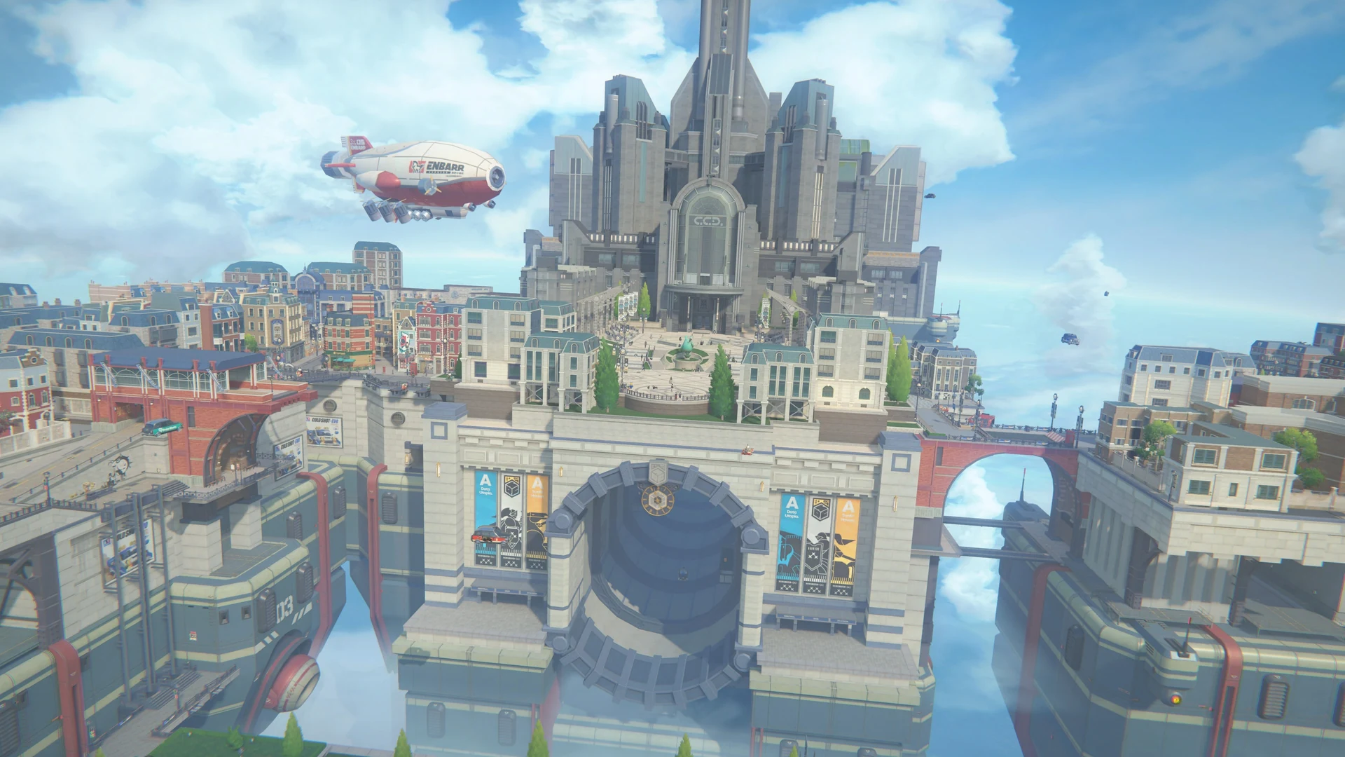 Zenless Zone Zero — in-game screenshot: elevated New Eridu vista with C.C.D. tower, ENBARR blimp, and cloud-layer platforms