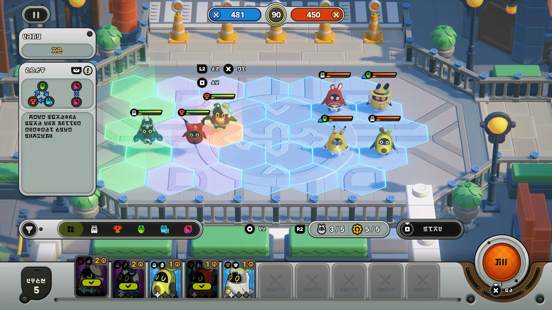 Zenless Zone Zero — in-game screenshot: Bangboo Chess tactical mode with hex grid, squad cards, and type-match UI
