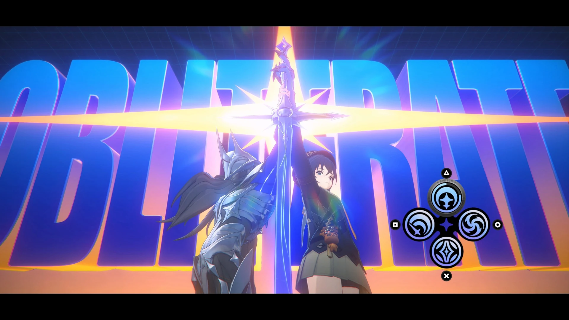 Zenless Zone Zero — in-game screenshot: Chain Attack finisher with OBLITERATE typography and Switch assist prompts on HUD