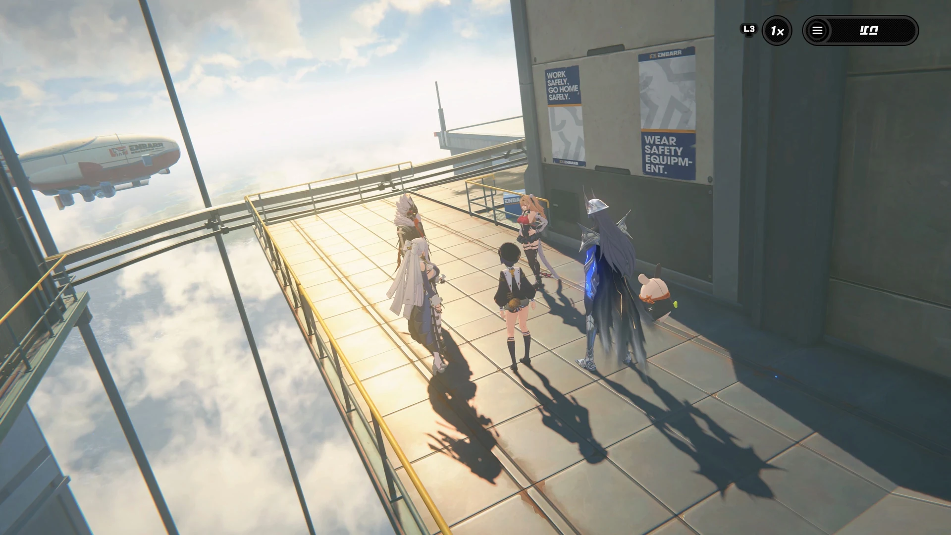 Zenless Zone Zero — in-game screenshot: Agent squad on a cloud-layer platform with resource HUD and menu icons visible
