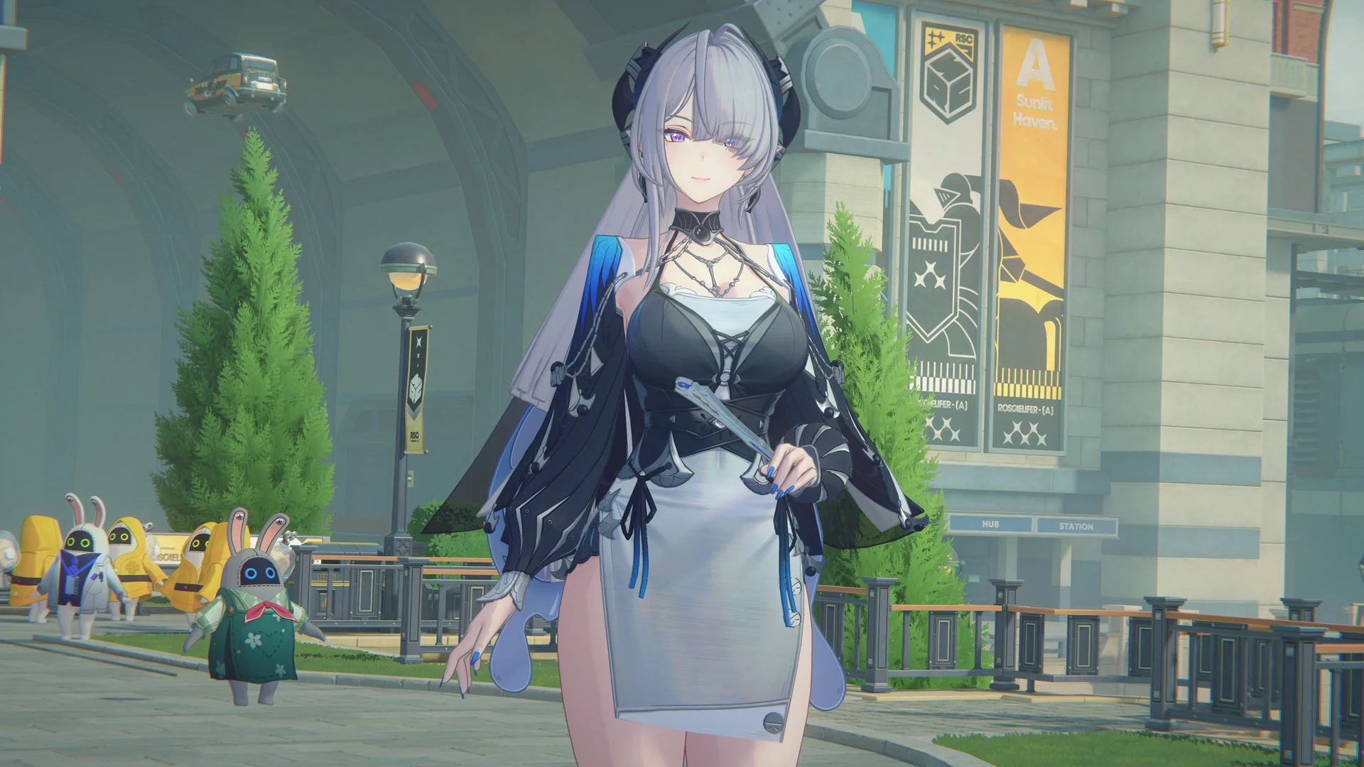 Zenless Zone Zero — in-game screenshot: Yanagi standing in a sunlit Lumina Square plaza with Bangboo companions and hub banners