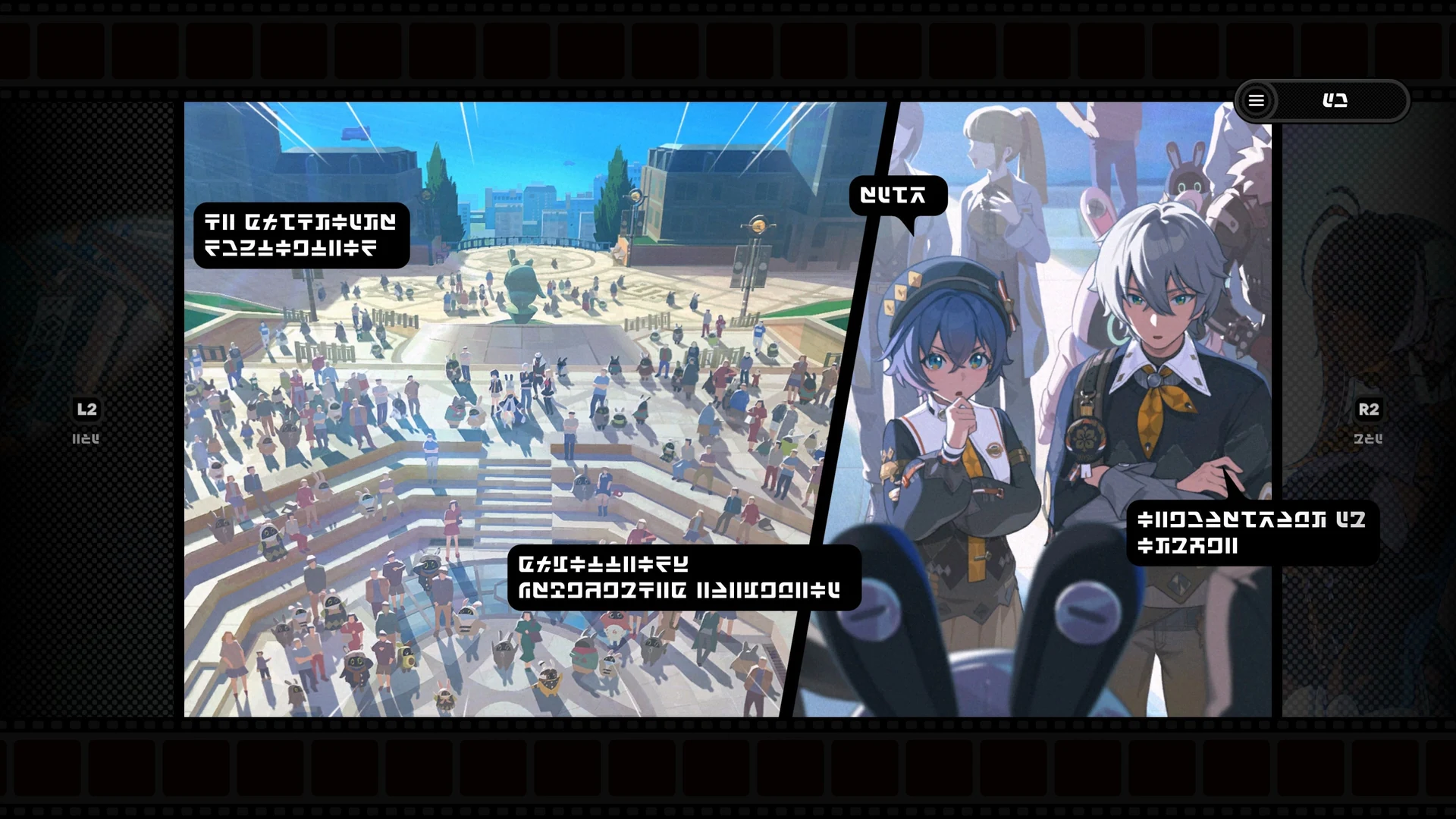 Zenless Zone Zero — in-game screenshot: comic-panel story scene with Wise and Belle in a crowded New Eridu plaza