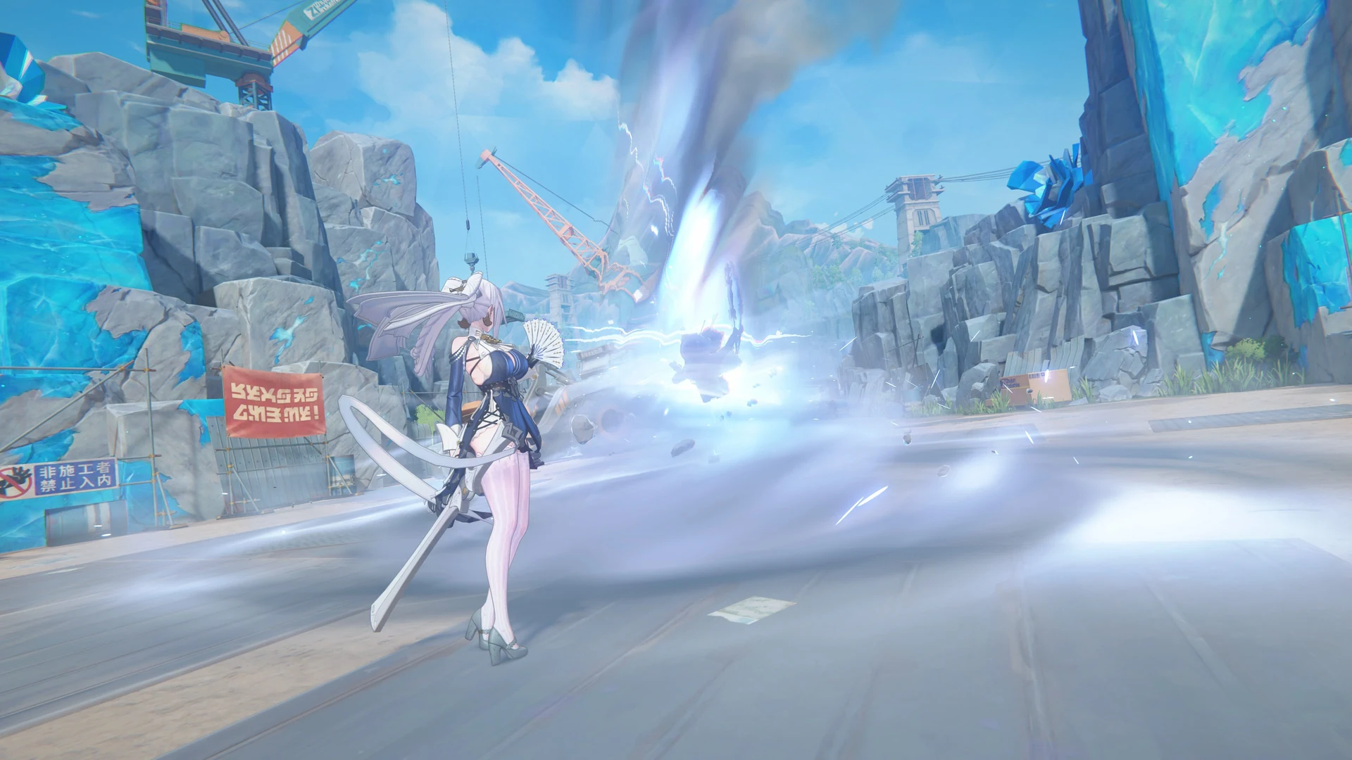 Zenless Zone Zero — in-game screenshot: Yanagi unleashing a spinning polearm attack with electric debris in a Hollow quarry